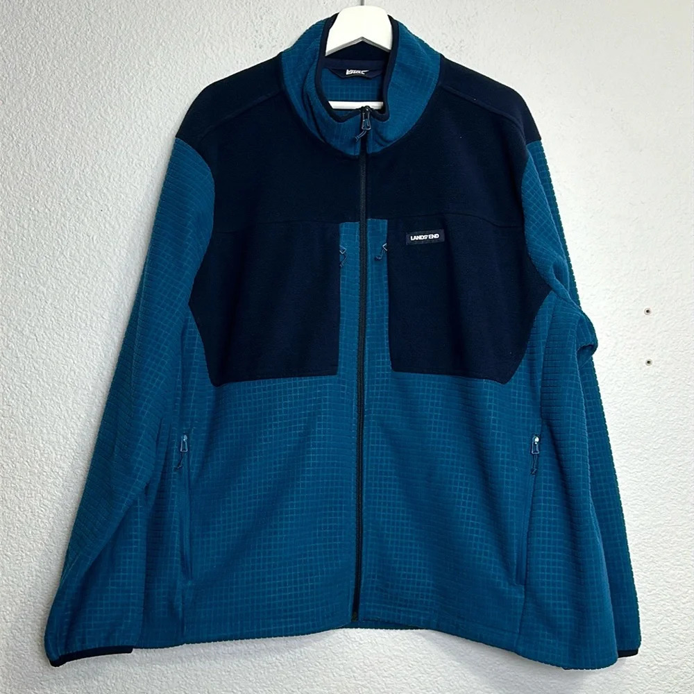 Lands End Men's Size XXL Teal Blue Fleece‎ Full Zip up Jacket Pocket READ